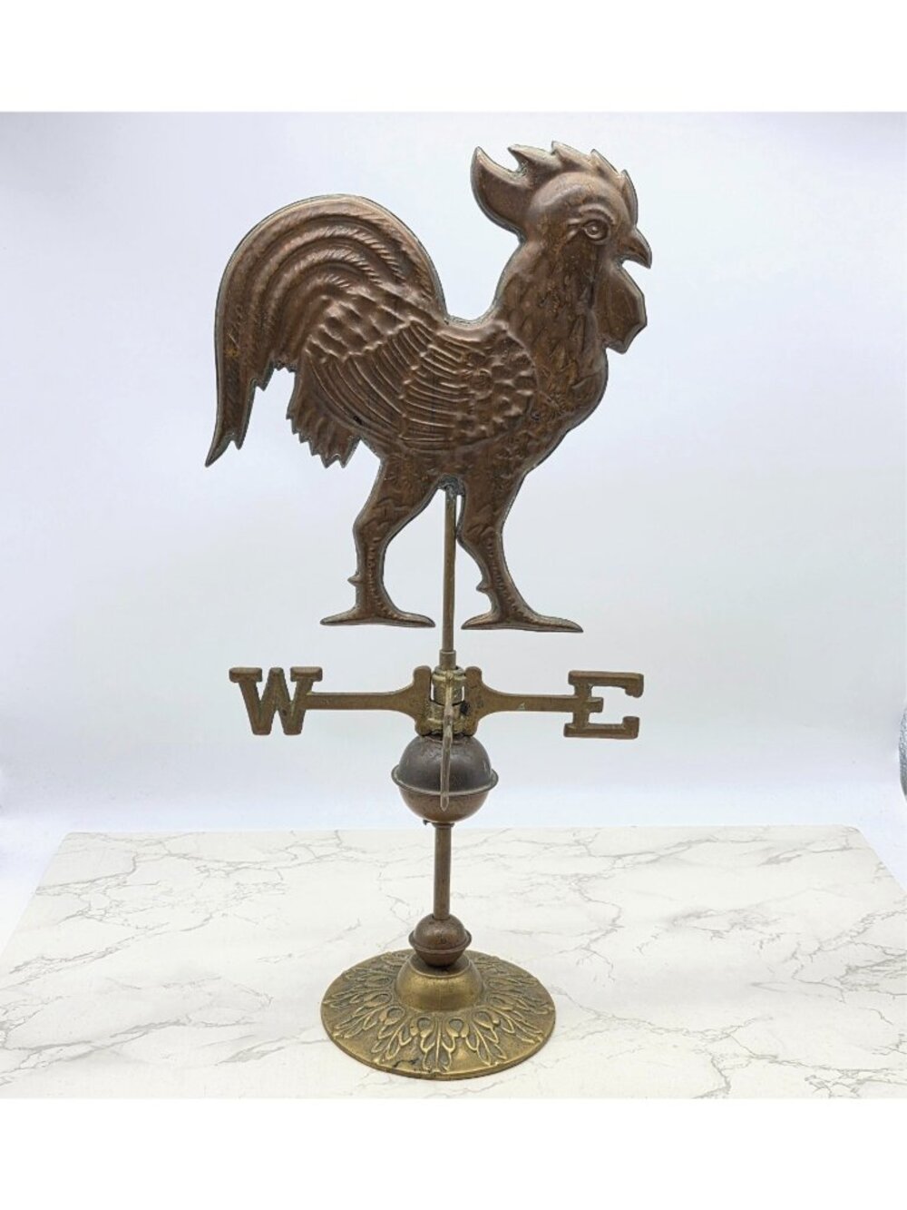Vintage Copper Rooster Tabletop Weathervane Brass Stand Farmhouse Folk Art Decor